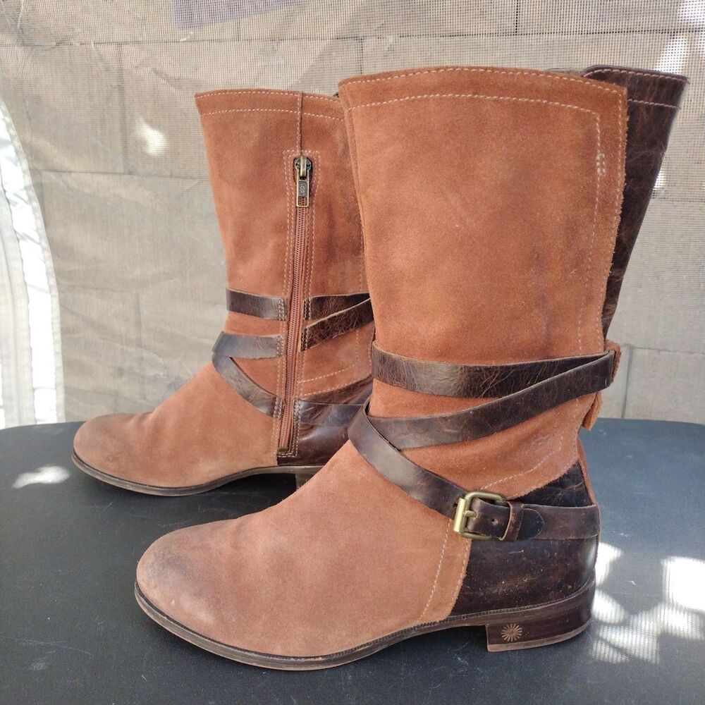 UGG Deanna Mid Riding Boots Suede Leather Distressed Womens Size 5.5 Brown
